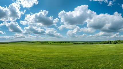 Expansive green field under a blue sky with white clouds