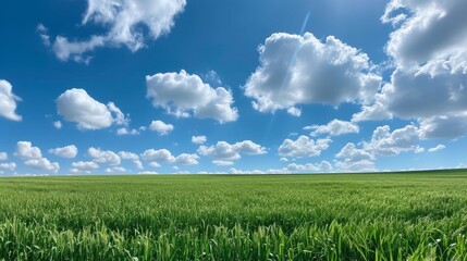 Obraz premium Expansive green field under a blue sky with white clouds