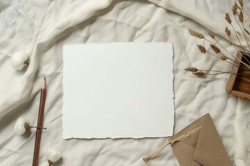 Fototapeta premium Blank sheet of paper on beautiful light fabric or textile background, top view with space for text or inscriptions 