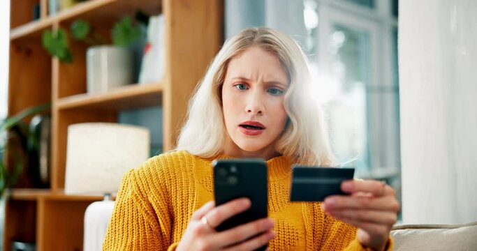 Frustrated woman, phone and fraud with credit card for wrong transaction, bankruptcy or mistake at home. Upset female person or shopper on mobile smartphone for online shopping scam or banking issue