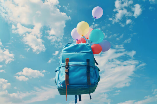 Blue school backpack flying in the sky with colorful balloons and space for text or inscriptions
- Powered by Adobe
