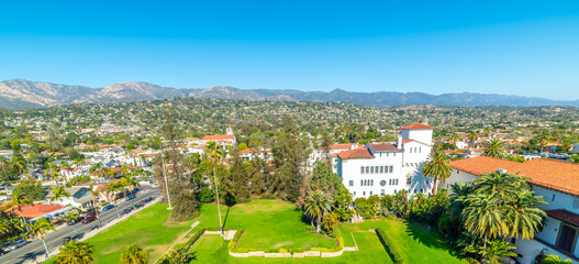 Cityscape of Santa Barbara under a blue sky