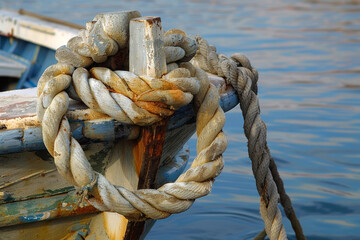 Sailing seaport ship water knot tied to a pole in sea harbor close up
