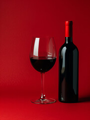 Bottle and glass of red wine on a red empty background. Mockup of a bottle of red wine without a label

