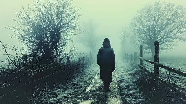 Mysterious Hooded Figure Walking Through Foggy Forest Path in Winter at Dawn