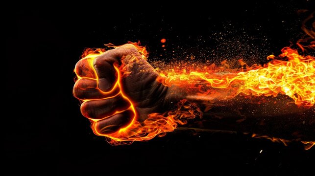 Close-up of a fiery fist, symbolizing power, energy, and force, set against a dramatic black background.