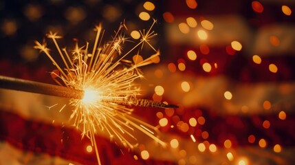 close-up of a sparker lit against a background of the American flag