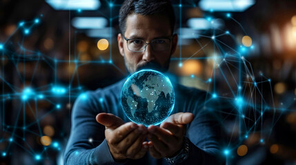Fototapeta premium Futuristic Innovation: Man Holding Holographic Digital Globe with Network Connections