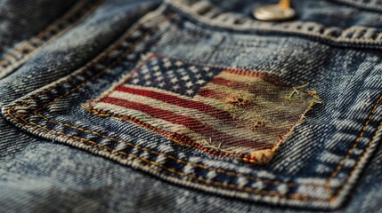 close-up of a vintage American flag patch on a denim jacket