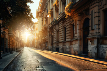 Fototapeta premium Classical architecture and city roads empty road with beautiful sunset in the background of the street 