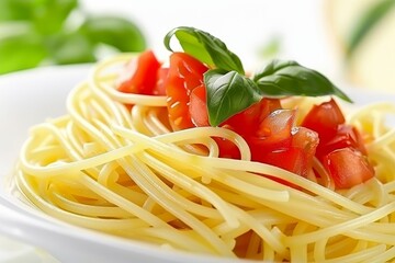 Elegant presentation of spaghetti with fresh tomato chunks and basil leaf on white dish