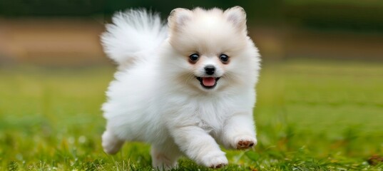White pomeranian puppy running on green grass with minimalist background, ideal for text placement
