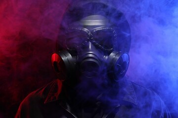 Man wearing gas mask in color lights and smoke on black background