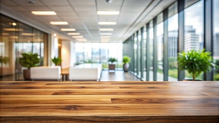 Wooden table in an office lobby with a blurred background, wooden, table, office, lobby, background, furniture, decor