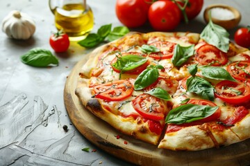  real Neapolitan Italian pizza called Margherita pizza top-down view, concrete background
