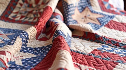 detailed shot of a patriotic quilt with red, white, and blue patterns