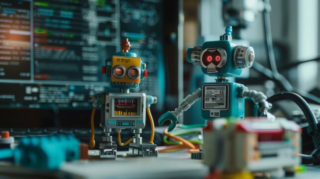 Two Retro Robots Interacting in a Tech Setting