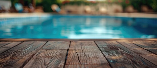 Wooden table in the foreground with a blurry swimming pool in the background