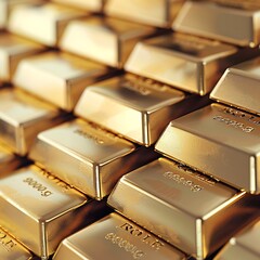 Golden bars of gold. There are many bars of gold in the image. The bars are stacked on top of each other.