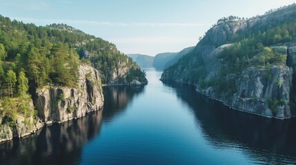 Obraz premium Drone view of a tranquil fjord with steep, forested cliffs.