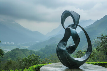 Mountain View Modern sculpture against the serene backdrop of distant, misty mountains.