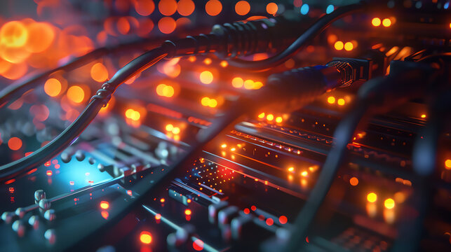 Illuminated Connections Closeup of fiber optic cables in a server rack, glowing brightly.