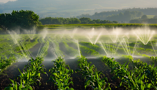 Spring corn field with water irrigation system and sprinklers watering plants