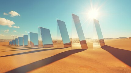 A sequence of sharp, angular 3D prisms casting long shadows on a sandy desert floor, under the high noon sun.