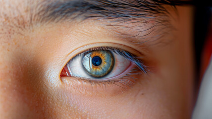 Naklejka premium Close-up of blue eye with yellow reflections in a young oriental man