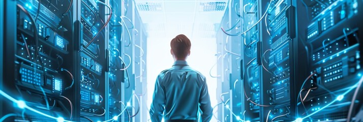 System administrator day, network administrator in server room. Back view. Horizontal banner. Network Technologies Concept