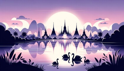 Illustration for Asanha Bucha Day with a serene landscape.
