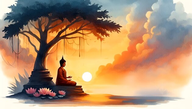 Watercolor illustration for asanha bucha day with a scene  of buddha statue under a tree.