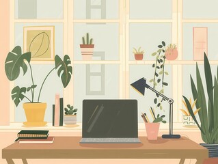Fototapeta premium A cozy home office with a large window, plants, and a desk. The desk has a laptop, lamp, and books on it. The window has a view of the city.