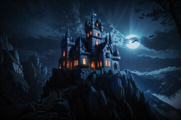 a scary castle on a cliff at night