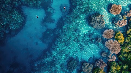 Obraz premium Aerial shot of a vibrant coral reef, diverse marine life visible through crystal clear water, snorkeling people, Exotic style,