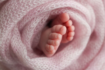 Close-up of tiny, cute, bare toes, heels and feet of a newborn girl, boy. Baby foot on pink soft coverlet, blanket. Detail of a newborn baby legs. Macro horizontal professional studio photo. 