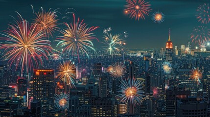 panoramic view of a bustling cityscape illuminated by fireworks on the Fourth of July