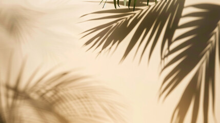 Blurred shadow from palm leaves on the light beige color wall. Minimal abstract background.