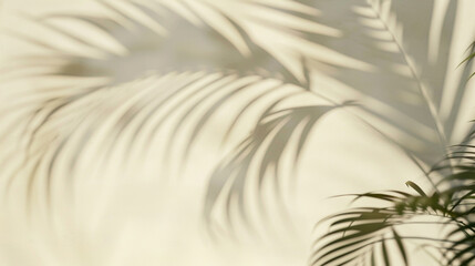Blurred shadow from palm leaves on the light cream color wall. Minimal abstract background.
