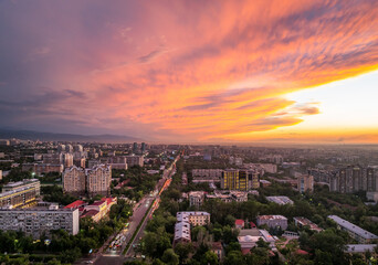 Fototapeta premium View from a quadcopter of the central part of the Kazakh city of Almaty on a summer evening