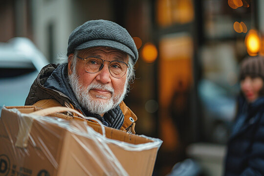 A middle-aged man showing care as he helps a friend move