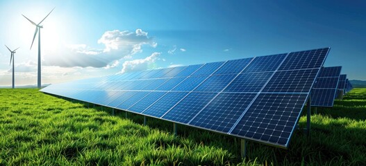 Solar Panels and Wind Turbines in a Field