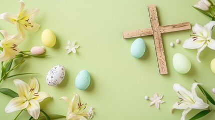 Easter themed flat lay with wooden cross painted eggs and lily flowers on a light yellow backdrop Room for adding text