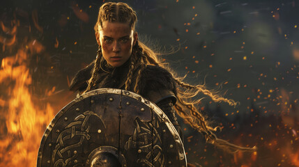 woman warrior in viking attire, this norse shieldmaiden is depicted ready for battle, surrounded by an intense fire, highlighting bravery