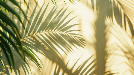 Blurred shadow from palm leaves on the light lemon color wall. Minimal abstract background.
