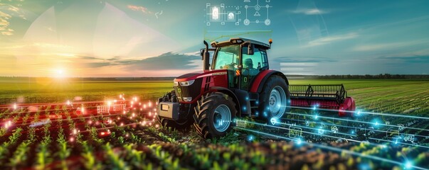Futuristic smart farming concept with a tractor in a field overlaid with digital graphics and glowing lines
