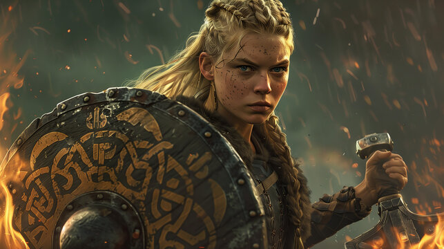 A nordic woman warrior, presenting as a fierce shieldmaiden, holds a viking shield amidst a fiery environment, portraying readiness