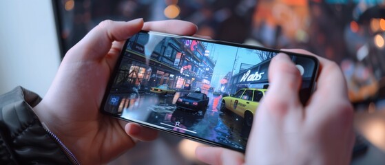 A person capturing a bustling, rainy street scene with a smartphone, highlighting technology's role