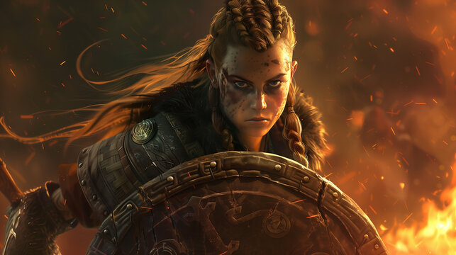 This dramatic portrayal features a nordic warrior woman, showcasing her fierce demeanor and readiness as a viking shieldmaiden amidst flames