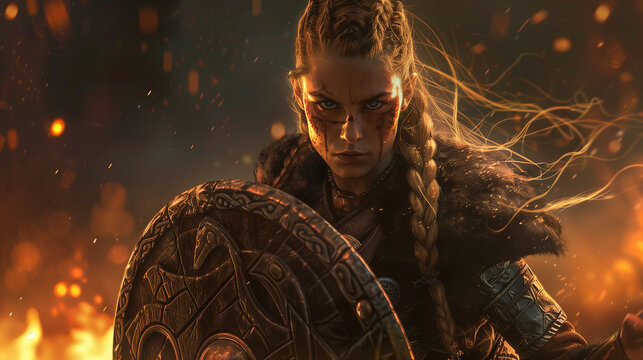 viking warrior with her hair in braids exudes a fierce spirit, indicative of a powerful nordic shieldmaiden ready for conflict
